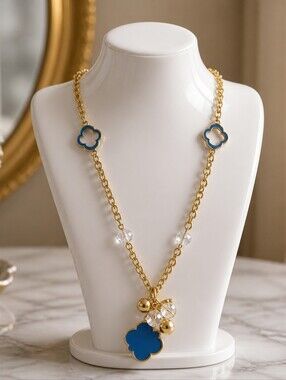 Charming Charlie Long Goldtone Clover Pendant Glass AB Beaded Necklace NWT
